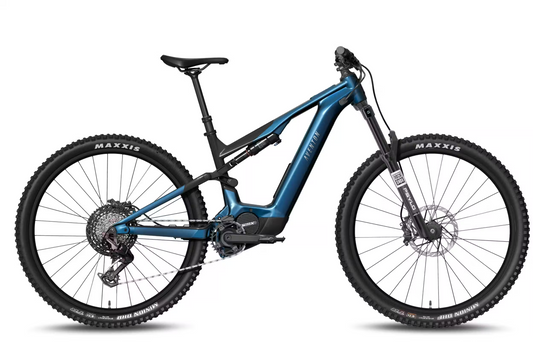 The Tampa Bay eBikes Aventon Current ADV, a blue full-suspension eMTB with disc brakes and wide Maxxis tires, is shown from the side against a white background.