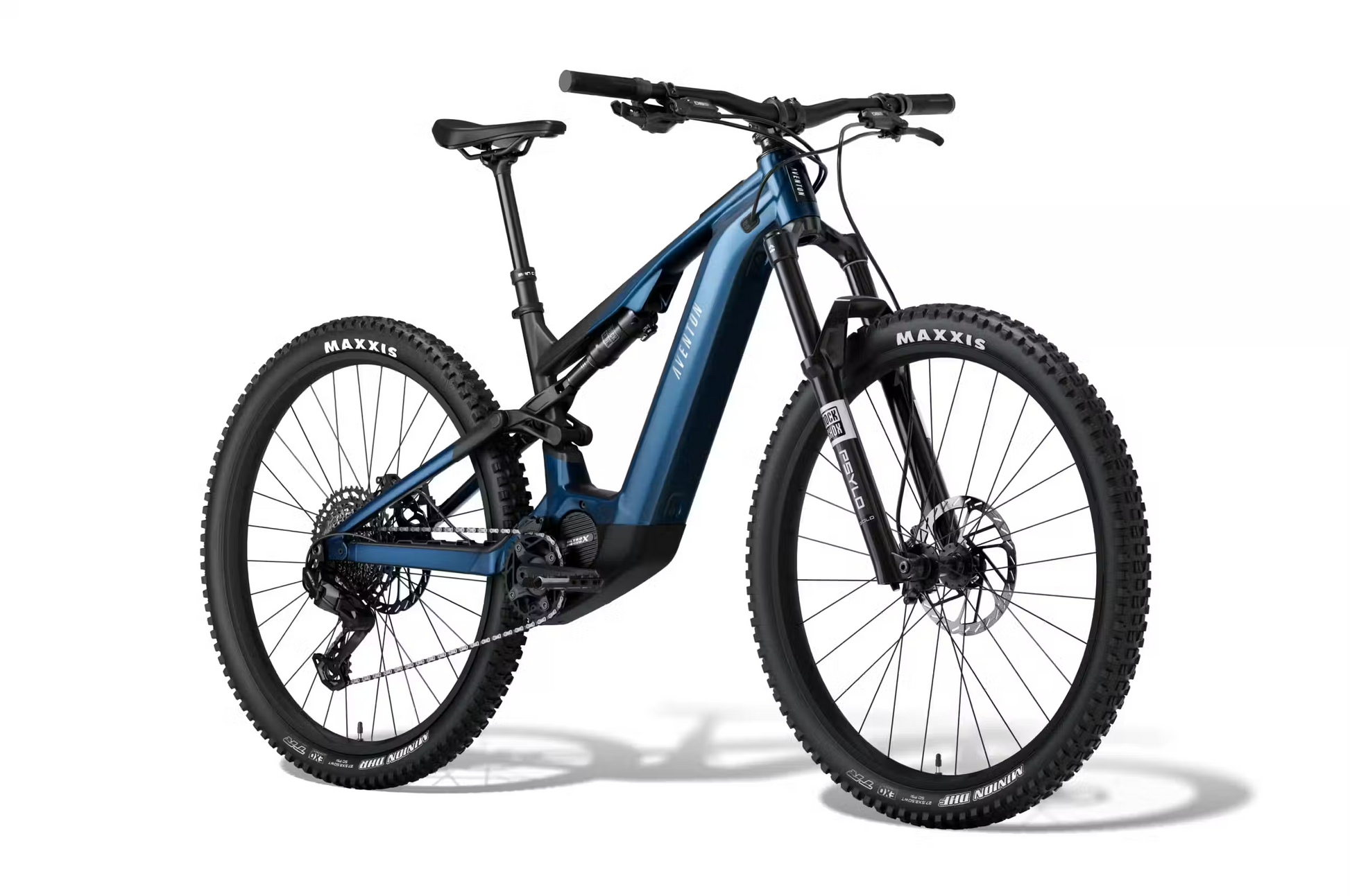 The Aventon Current ADV by Aventon is a blue and black full-suspension eMTB with thick tires, front and rear suspension, and a visible frame-mounted battery, displayed on a white background.