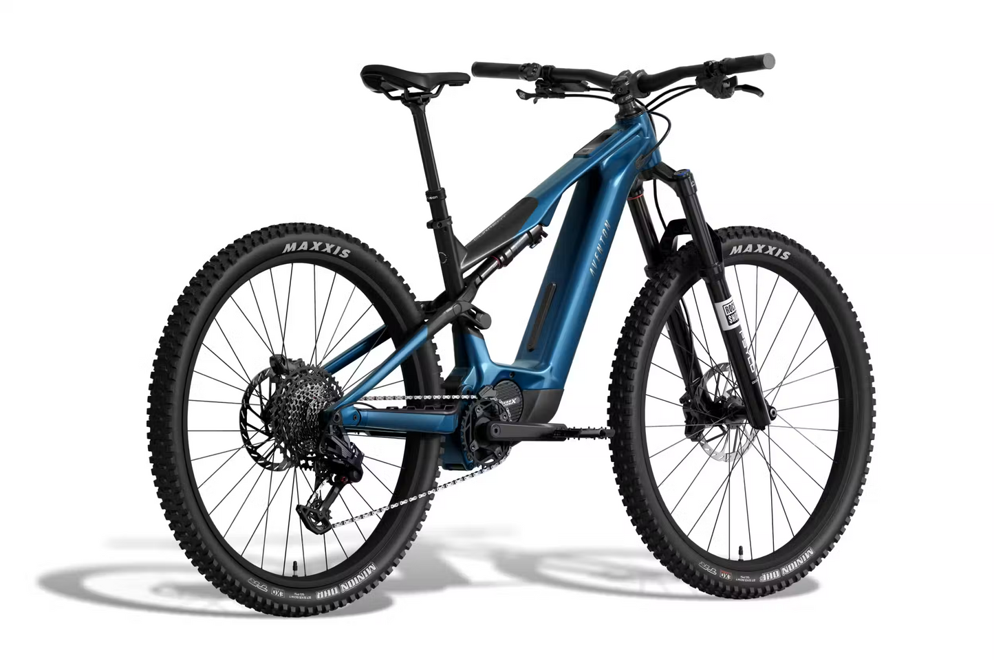 The Aventon Current ADV, a blue full-suspension eMTB by Aventon, features thick tires, disc brakes, and an integrated battery. It is shown from the side against a white background.