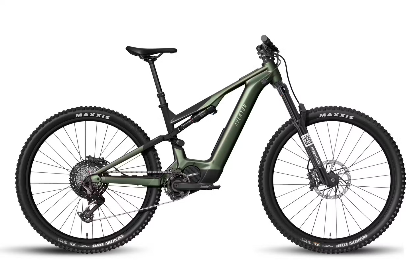 A matte green Aventon Current ADV eMTB by Aventon, featuring large Maxxis tires, disc brakes, and an integrated frame battery, is displayed from the side on a white background.