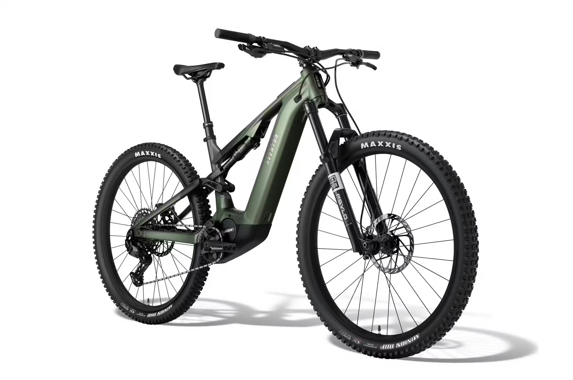 The Aventon Current ADV, a green full-suspension eMTB from Aventon, features thick Maxxis tires, disc brakes, and a sturdy frame—showcased on a white background to emphasize this electric mountain bike's power and versatility.