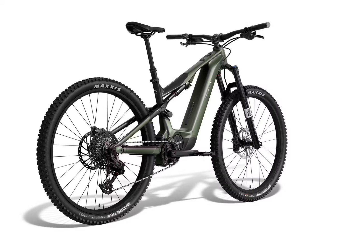 The Aventon Current ADV by Aventon is a matte green electric mountain bike featuring thick Maxxis tires, full suspension, disc brakes, and a visible battery pack, shown against a white background.