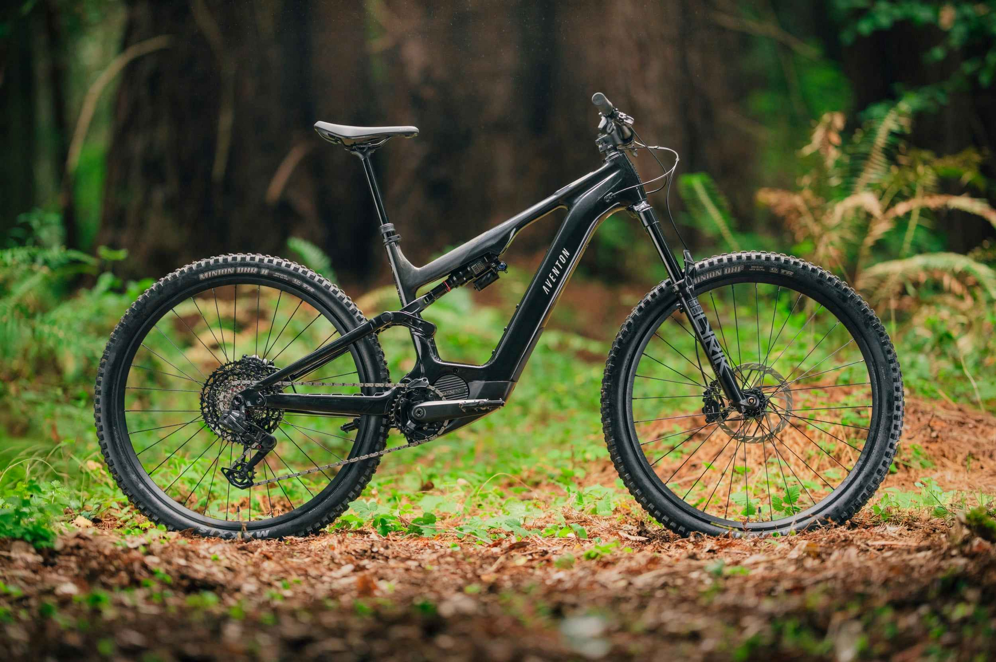 The Aventon Current EXP, a black full-suspension electric mountain bike by Aventon with thick tires, is parked on a leaf-strewn forest floor amid green foliage and tall trees.