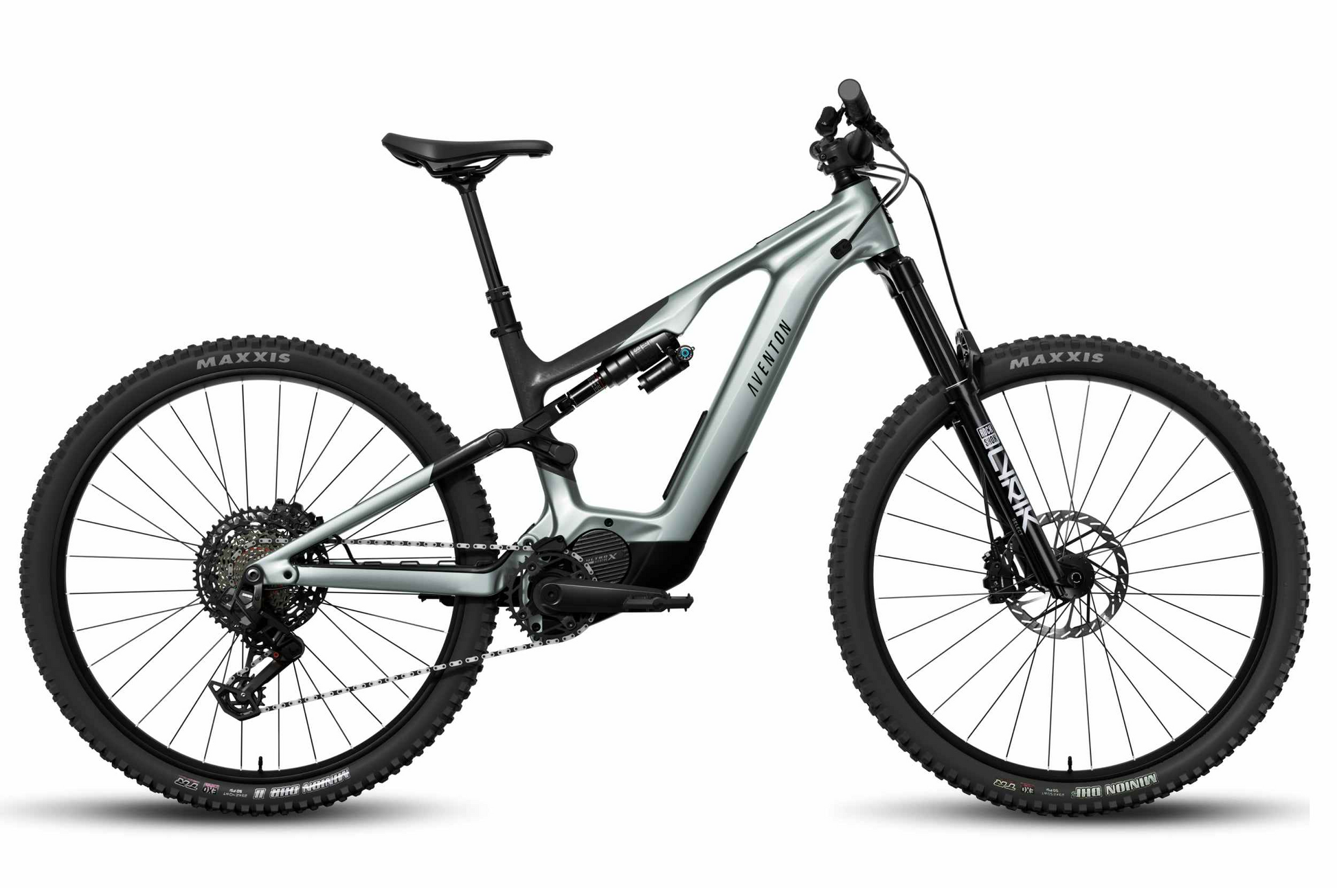 The Aventon Current EXP by Aventon is a sleek carbon eMTB with full suspension, light gray frame, large knobby tires, disc brakes, and a prominent mid-drive motor for powerful, smooth rides.