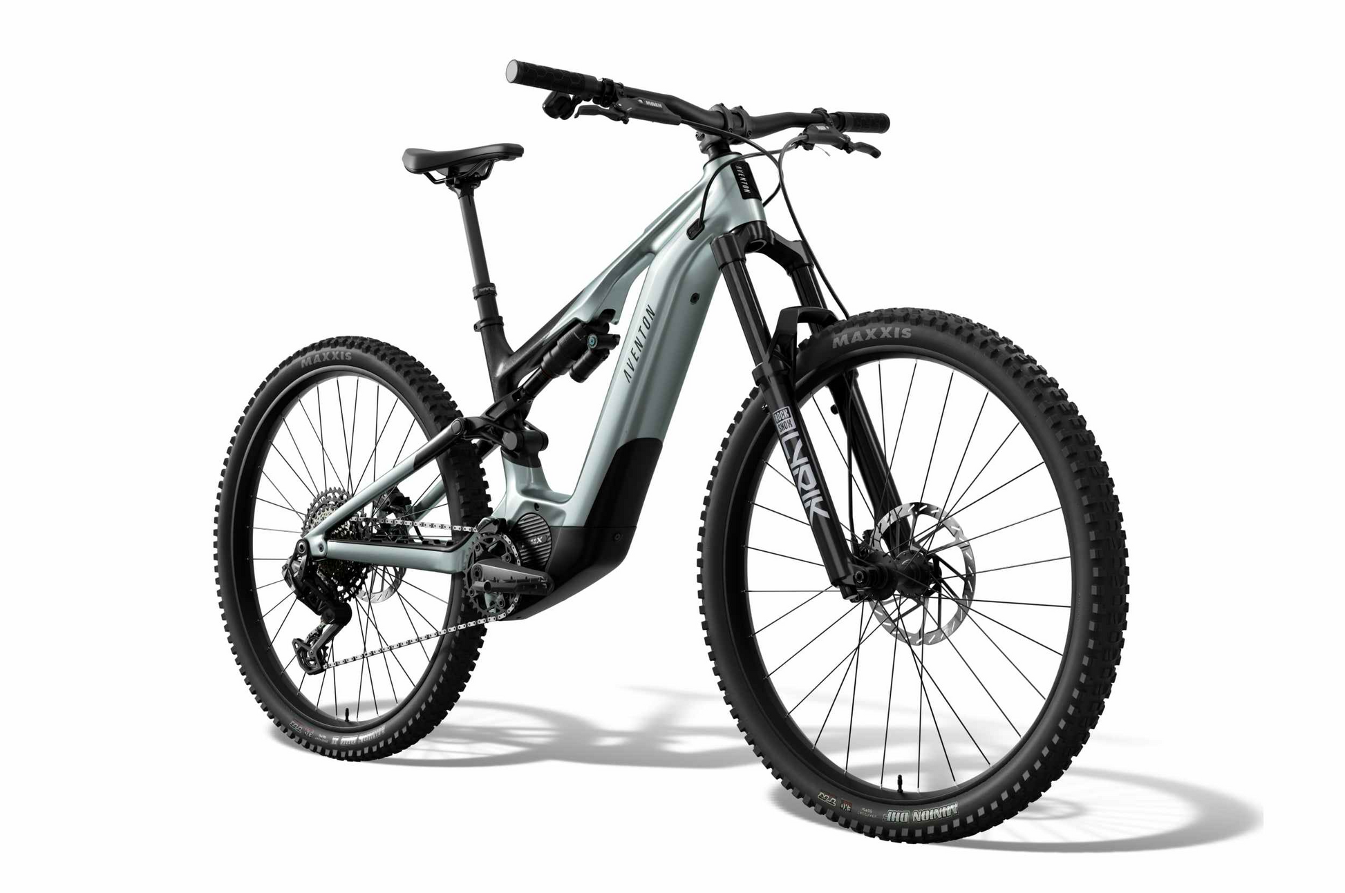 The Aventon Current EXP by Aventon is a full-suspension carbon eMTB with large tires, disc brakes, a sturdy frame, and a powerful mid-drive motor, displayed on a white background.