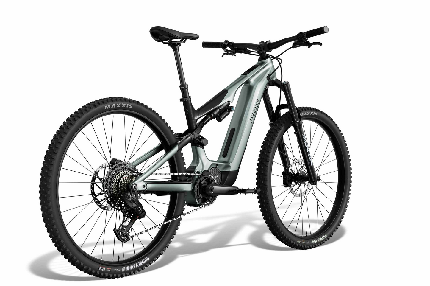 The Aventon Current EXP by Aventon is a modern carbon eMTB with full suspension, disc brakes, knobby Maxxis tires, and a powerful mid-drive motor, shown at a three-quarter rear angle on a white background.