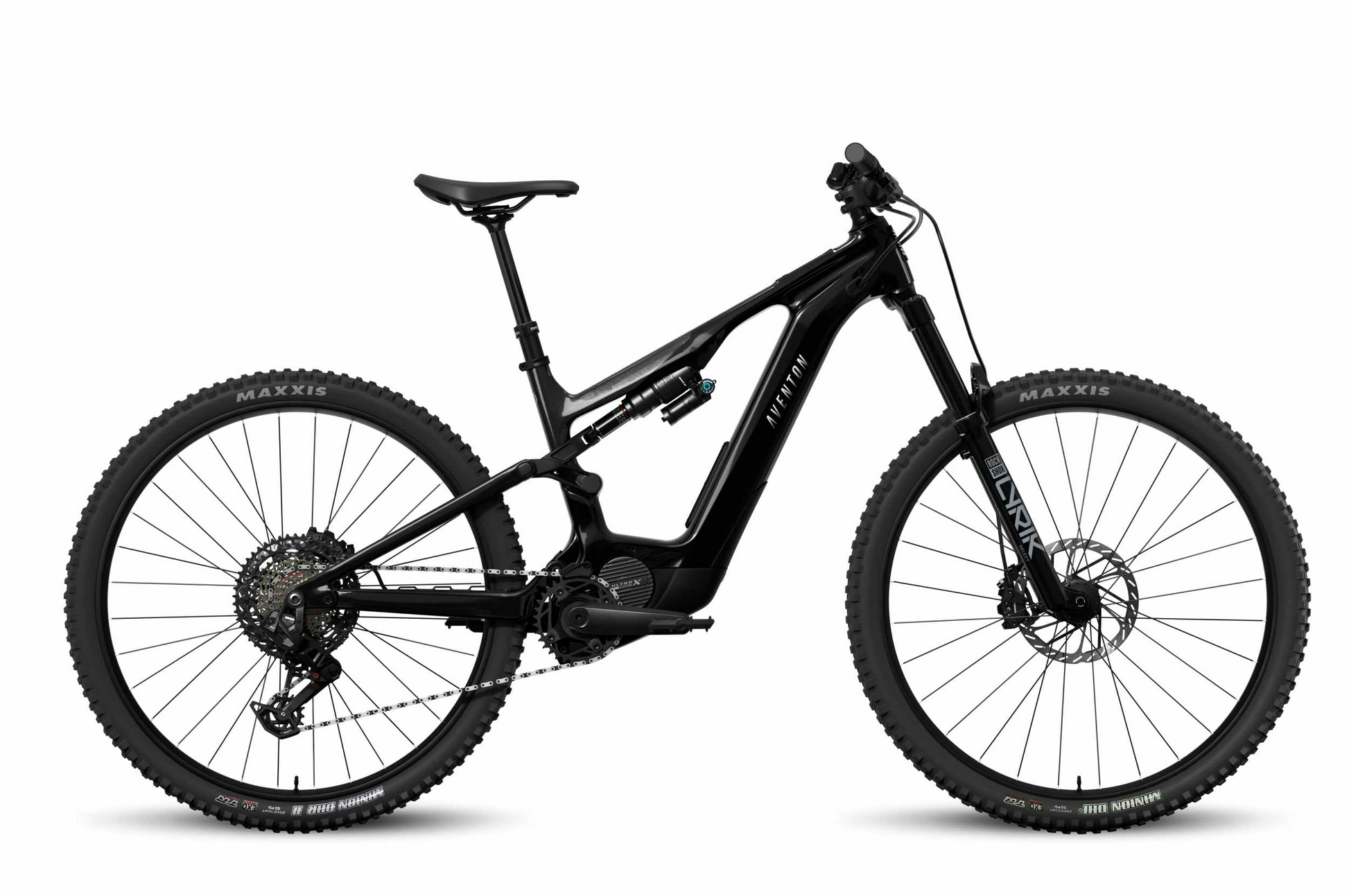 The Aventon Current EXP by Tampa Bay eBikes is a black full-suspension carbon eMTB with a downtube-mounted central battery, large Maxxis tires, disc brakes, and a powerful mid-drive motor, shown in a side view.