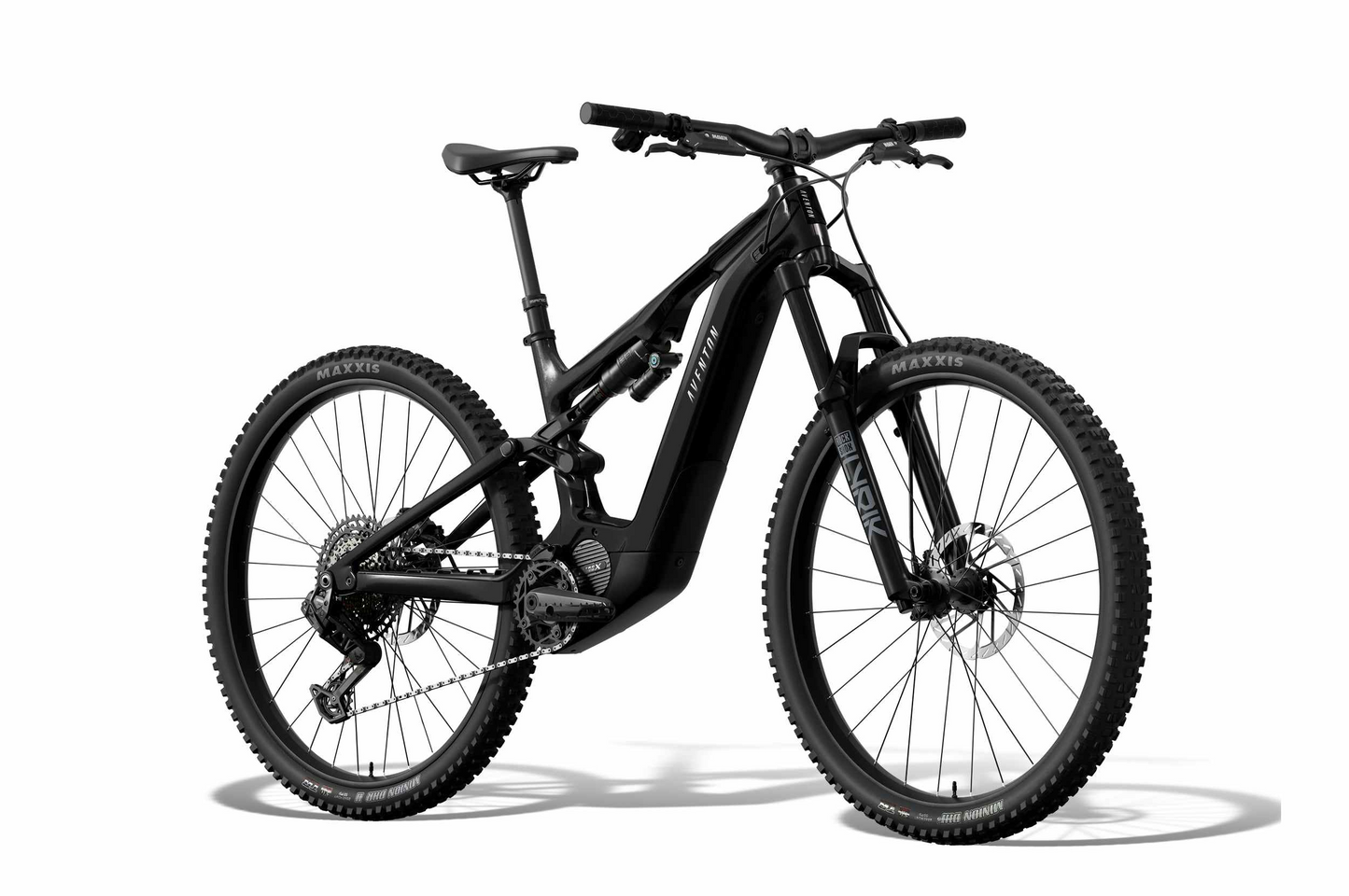 The Aventon Current EXP by Aventon is a black full-suspension electric mountain bike featuring a mid-drive motor, disc brakes, wide knobby tires, and a robust frame, displayed on a white background.