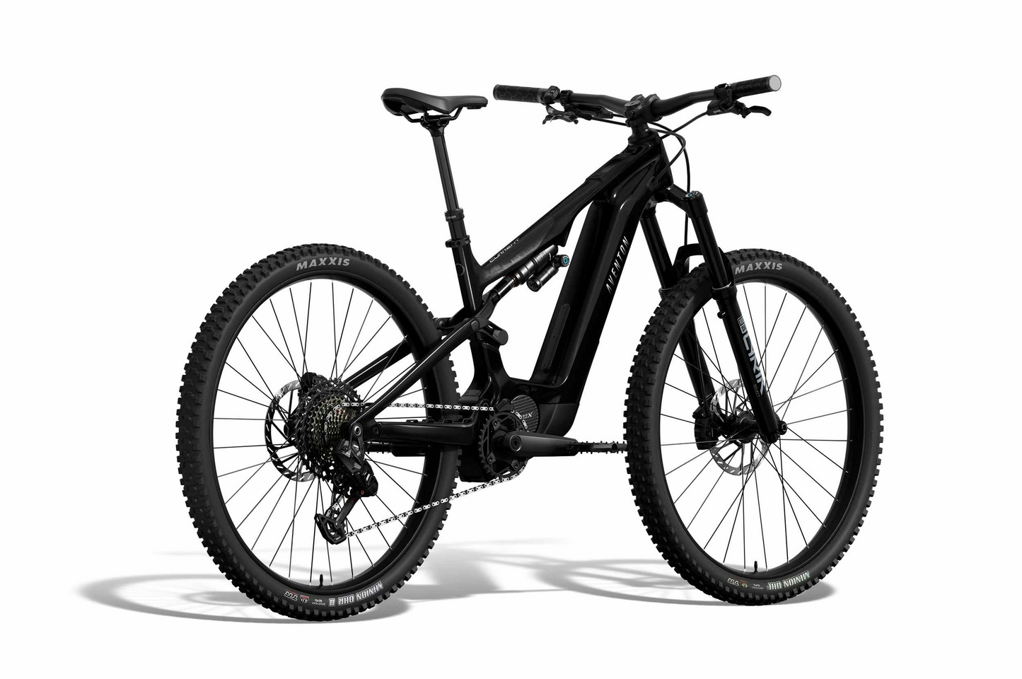 The Aventon Current EXP by Aventon is a black carbon eMTB featuring full suspension, knobby tires, disc brakes, and a mid-drive motor with central battery, shown on a white background.