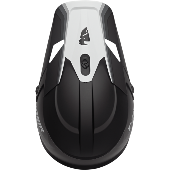 Top view of the Thor Sector Helmet - Runner MIPS in black/white, a motocross helmet by Thor with ventilation slits and a central logo.