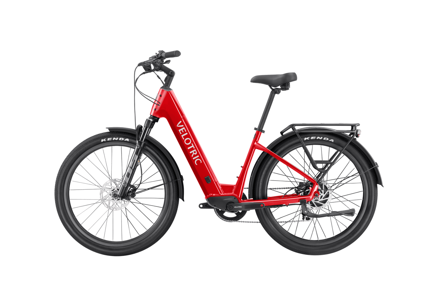Sentence with replaced product name: Velotric Discover 2 electric bicycle with fat tires and a rear cargo rack, isolated on a black background.