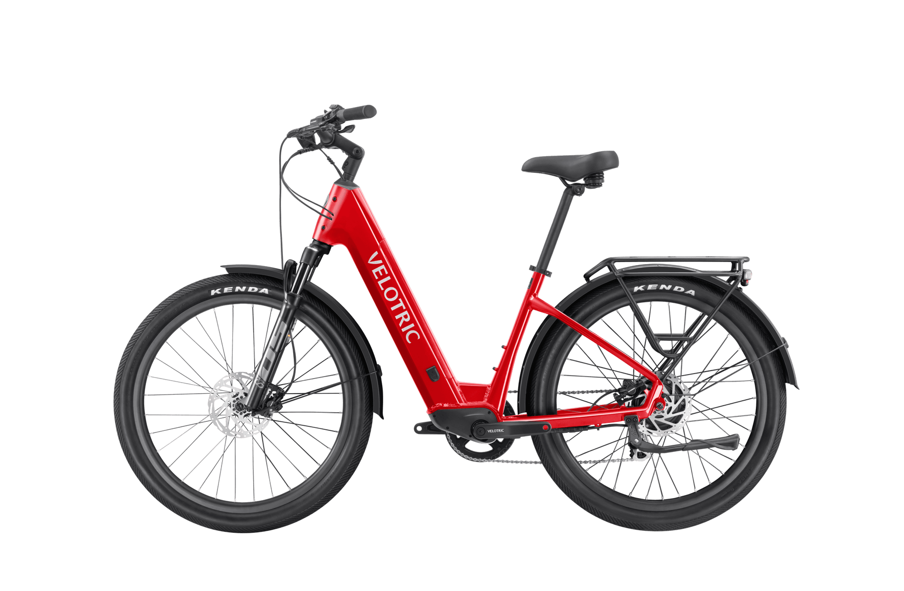 Sentence with replaced product name: Velotric Discover 2 electric bicycle with fat tires and a rear cargo rack, isolated on a black background.