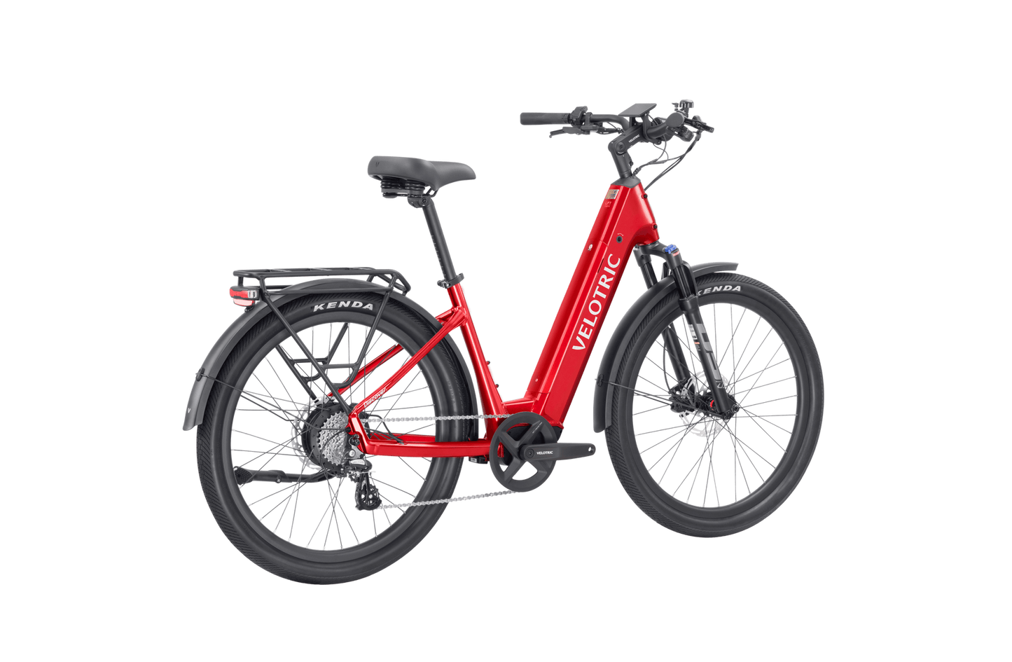 Red Velotric Discover 2 electric bicycle with black trim and thick tires against a black background.
