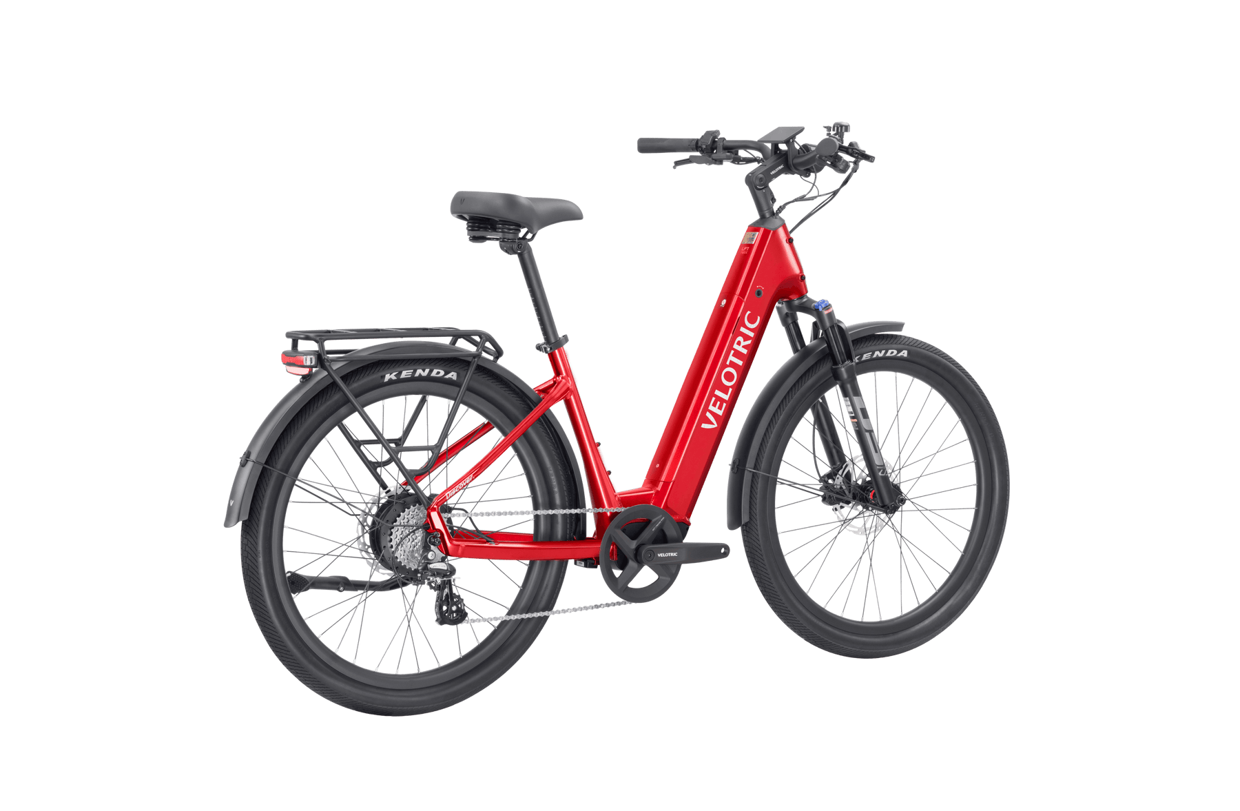 Red Velotric Discover 2 electric bicycle with black trim and thick tires against a black background.