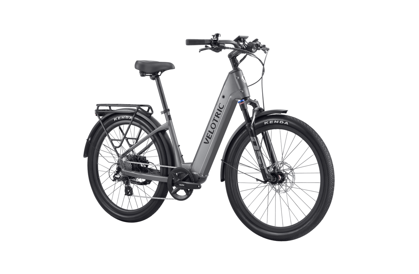 Tampa Bay eBikes presents the Velotric Discover 2 electric bicycle with a step-through frame and mounted battery displayed on a black background.