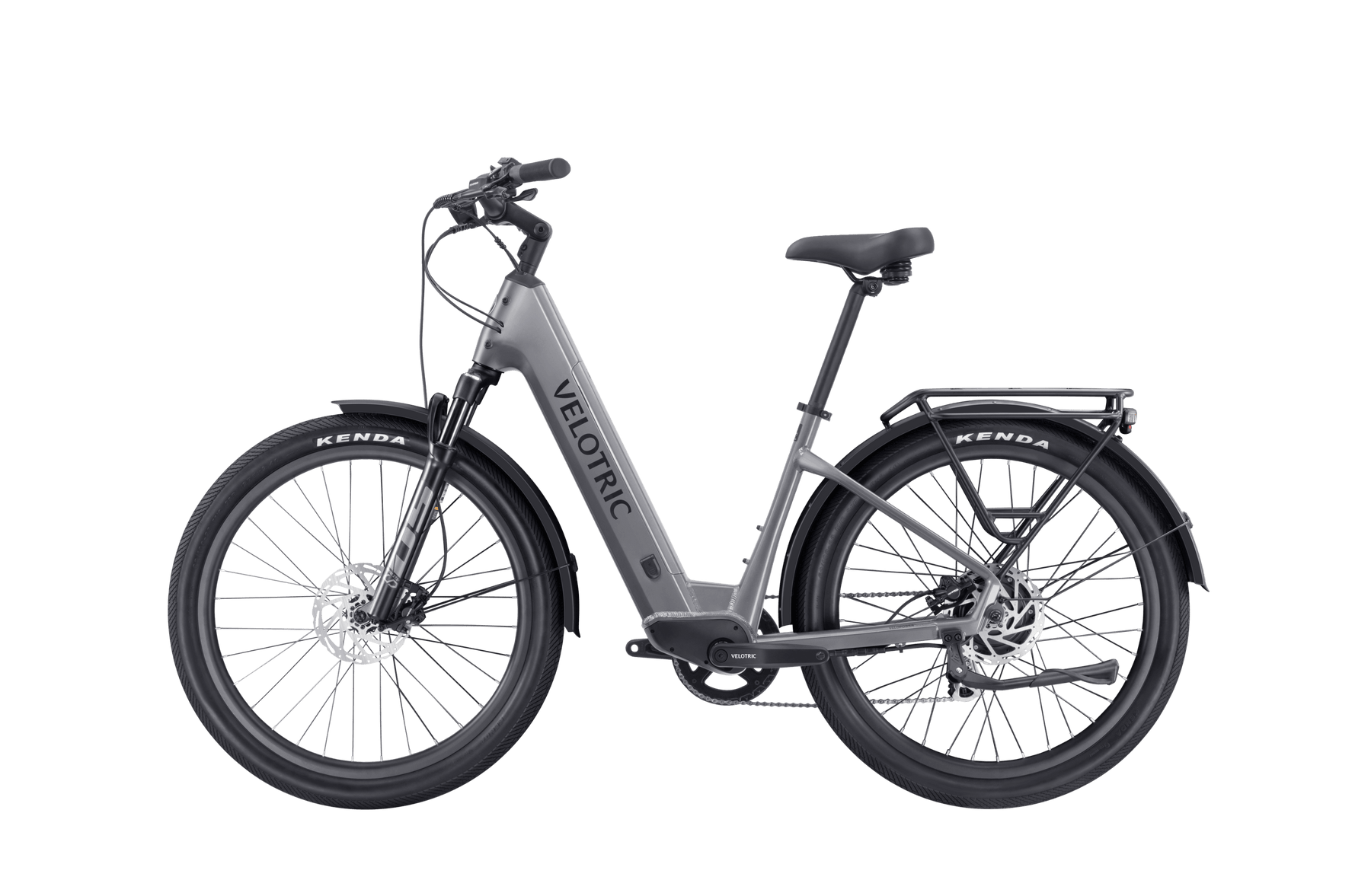 Velotric Discover 2 electric bicycle with a step-through frame and front suspension displayed against a black background.