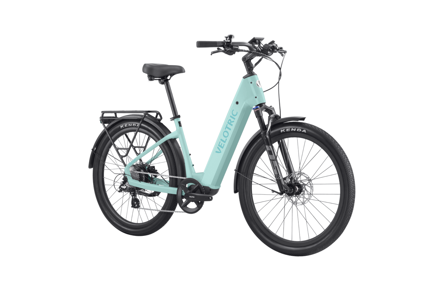 Electric bicycle with a step-through frame and rear rack on a black background, from Velotric - Discover 2.