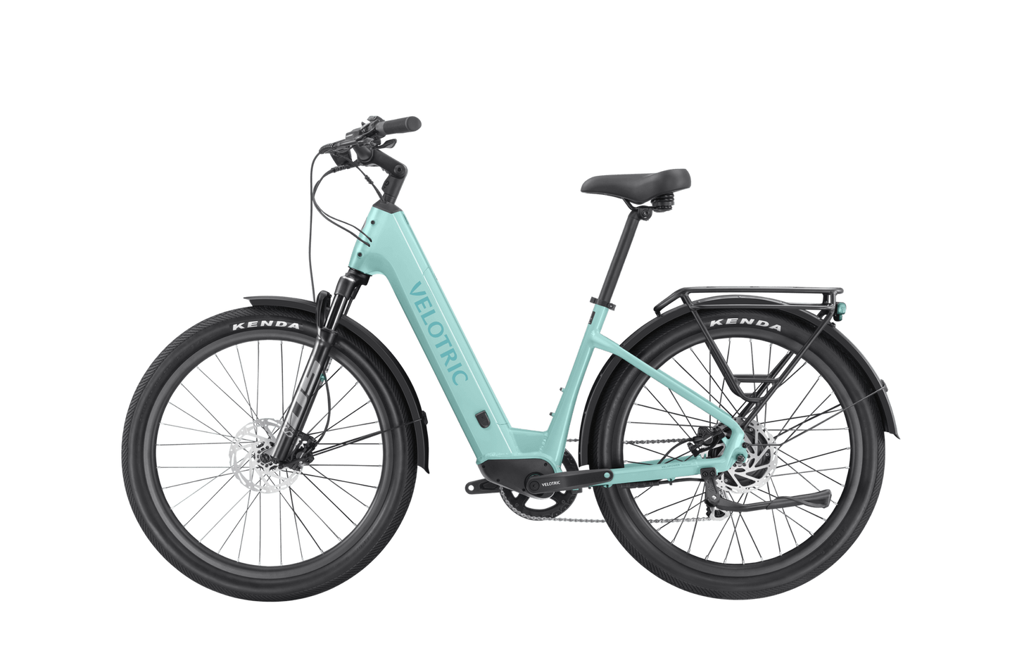 A turquoise Velotric Discover 2 electric bike with black wheels on a black background.