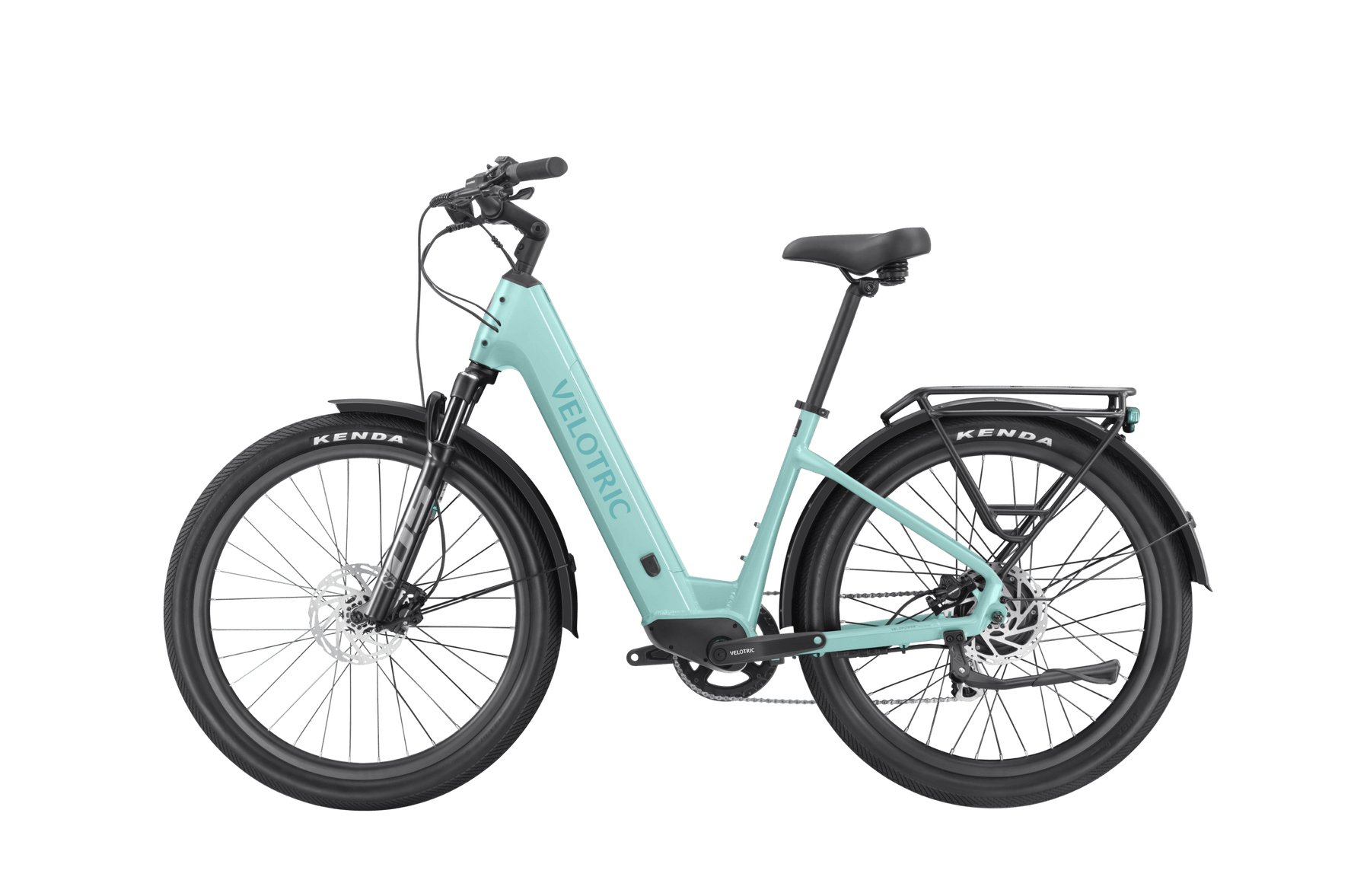A turquoise Velotric Discover 2 electric bike with black wheels on a black background.