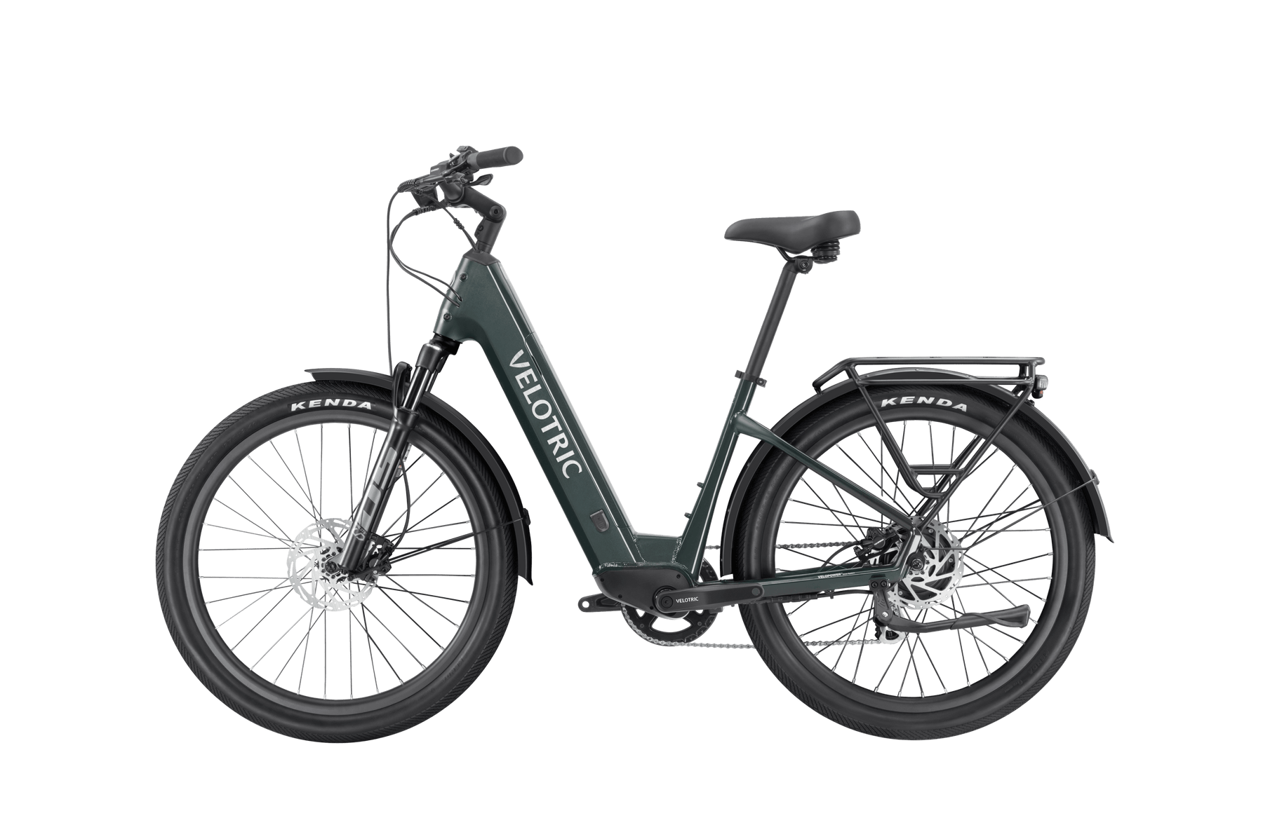 A black electric bicycle with the product "Velotric - Discover 2" displayed on the frame, featuring a step-through design and equipped with Kenda tires.