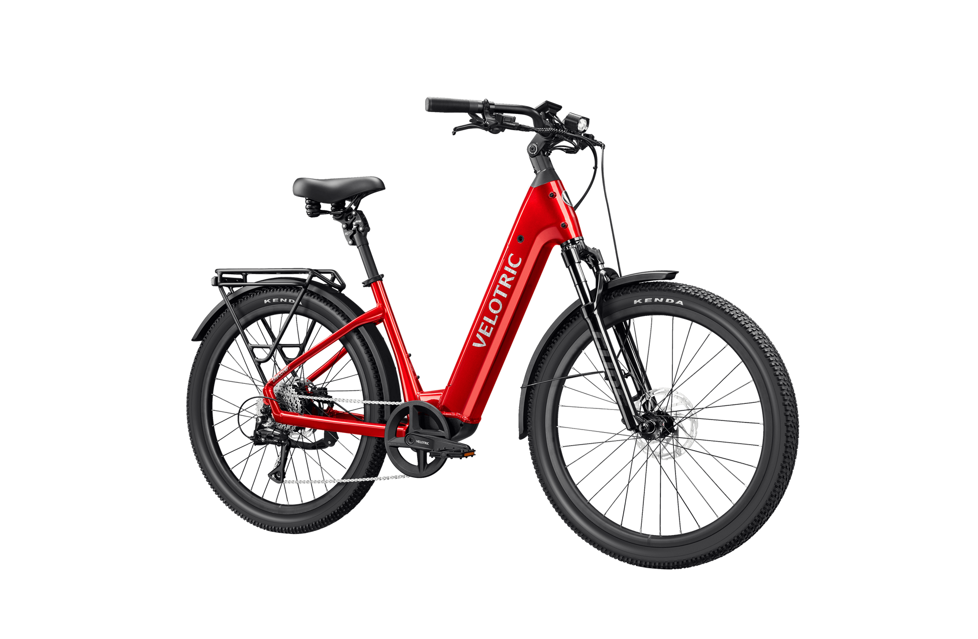 The Velotric Discover 3 electric bike by Velotric has a red step-through frame, front suspension, rear rack, and wide tires—displayed on a white background, it’s your ideal ride for cruising Tampa Bay.