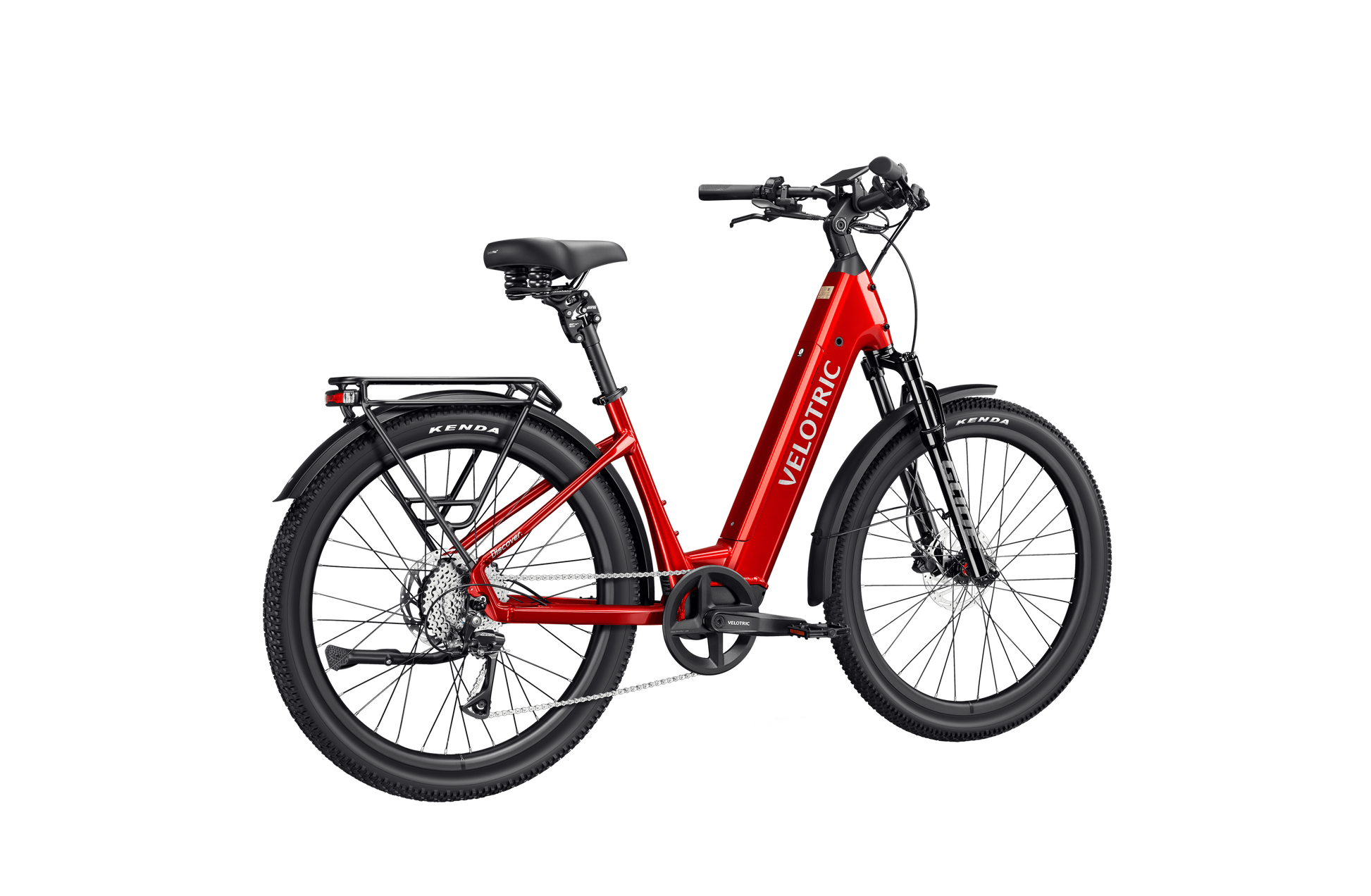 A Velotric Discover 3 electric bike with a step-through frame, front suspension fork, rear rack, and black fenders in red is shown on a plain white background—ideal for comfortable and stylish rides around Tampa Bay.