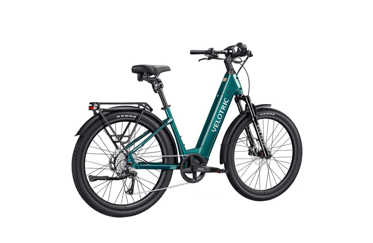 The Velotric Discover 3 electric bike by Velotric features a teal step-through frame, wide tires, fenders, and a rear rack—shown on a white background, ideal for stylish rides around Tampa Bay.