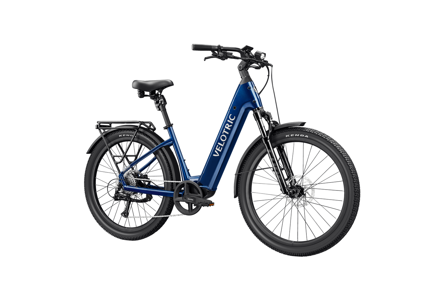 A Velotric Discover 3 electric bike by Velotric, featuring a blue step-through frame, front suspension fork, rear rack, and upright handlebars, is displayed against a plain white background—ideal for exploring Tampa Bay.