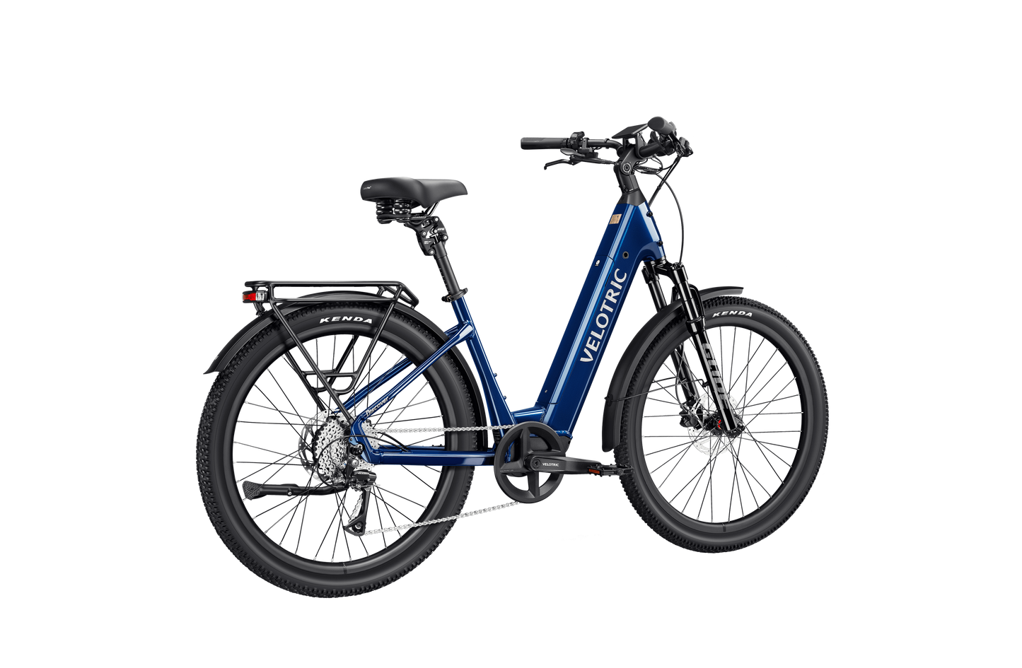 The Velotric Discover 3 by Velotric, shown in blue with a step-through frame, rear rack, front suspension, and Kenda tires, is displayed on a white background—ideal for stylish riding around Tampa Bay.