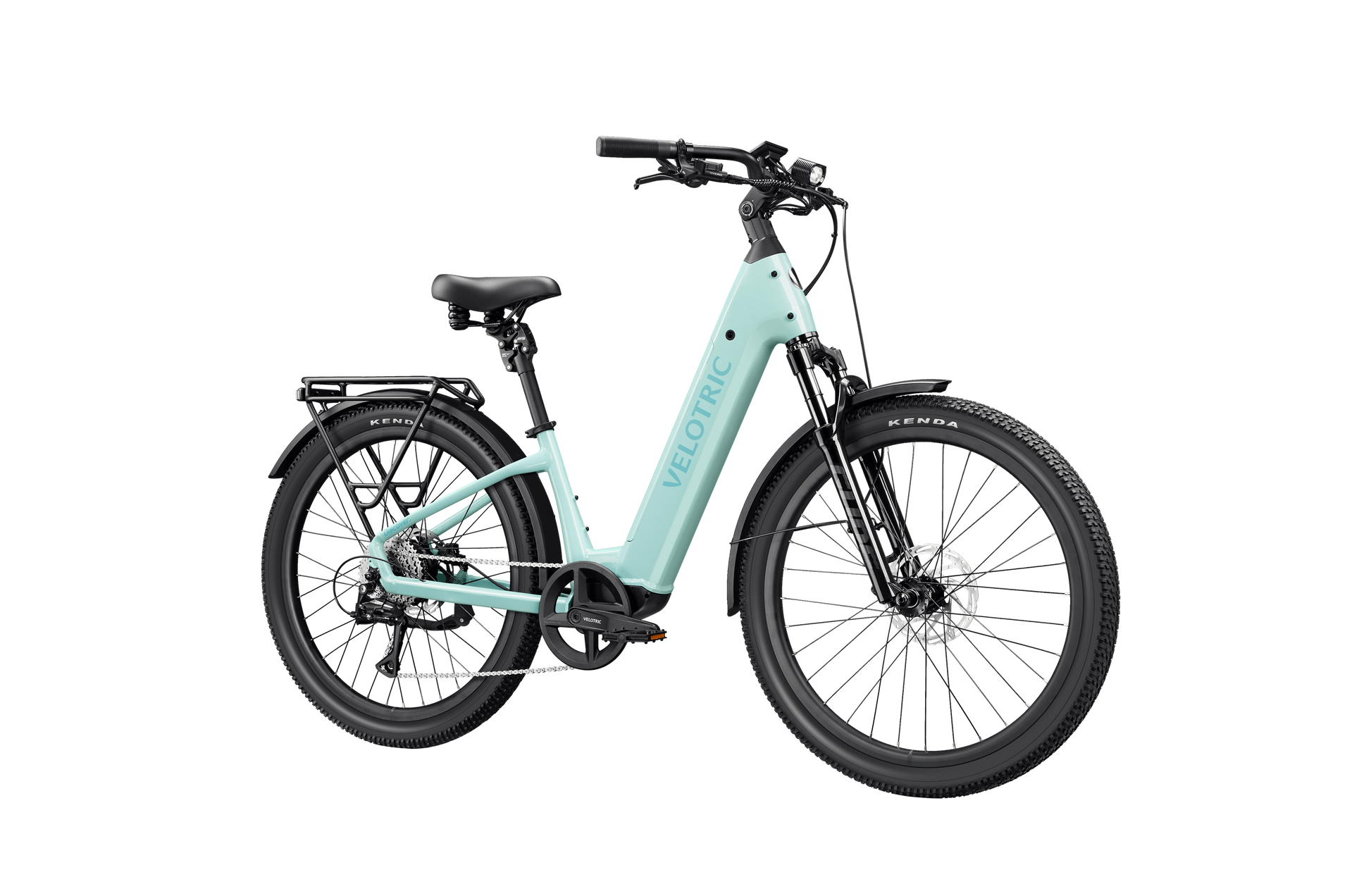 The Velotric Discover 3, a light blue commuter eBike with a step-through frame, black tires, rear cargo rack, and front suspension, is shown on a white background—ideal for Tampa Bay electric bike riders.