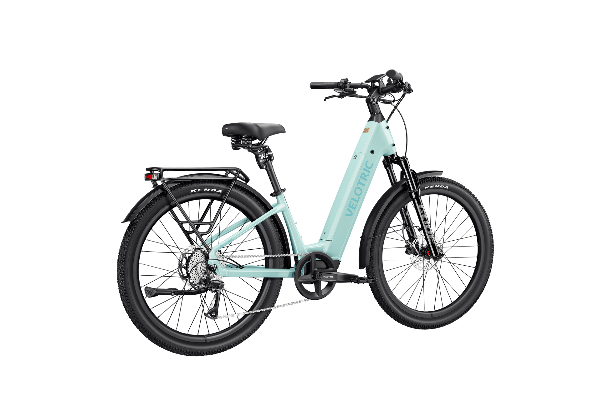 A Velotric Discover 3 commuter eBike in light blue with a step-through frame, front suspension, rear rack, and thick black tires is shown on a white background.