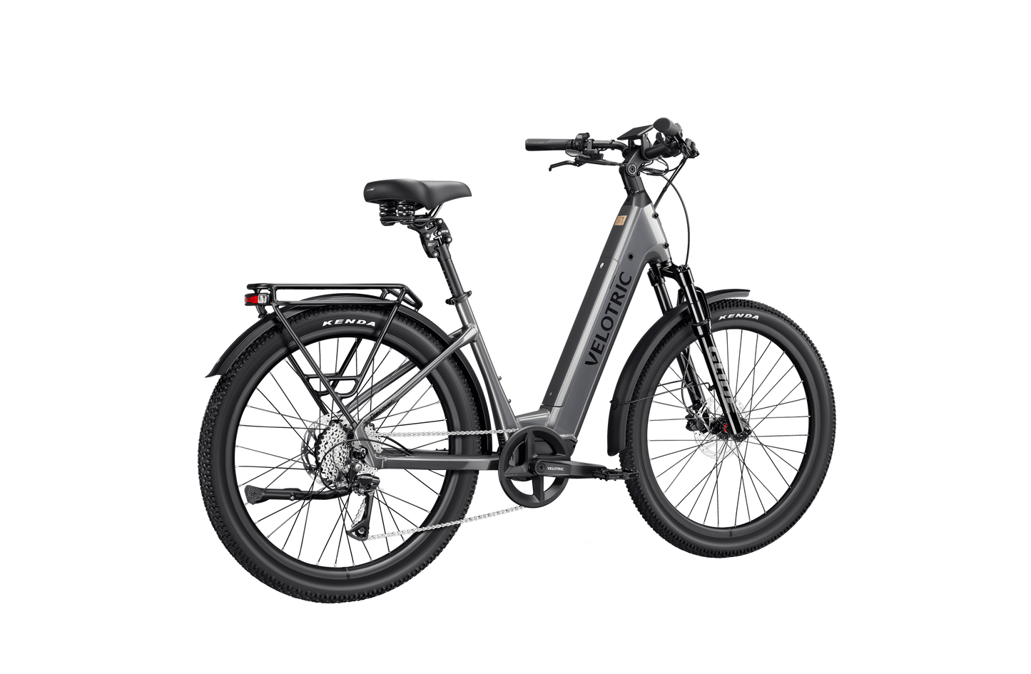 The Velotric Discover 3 commuter eBike by Velotric features front suspension, thick tires, and a rear cargo rack. With a stylish grey frame and white background, it’s perfect for navigating Tampa Bay.