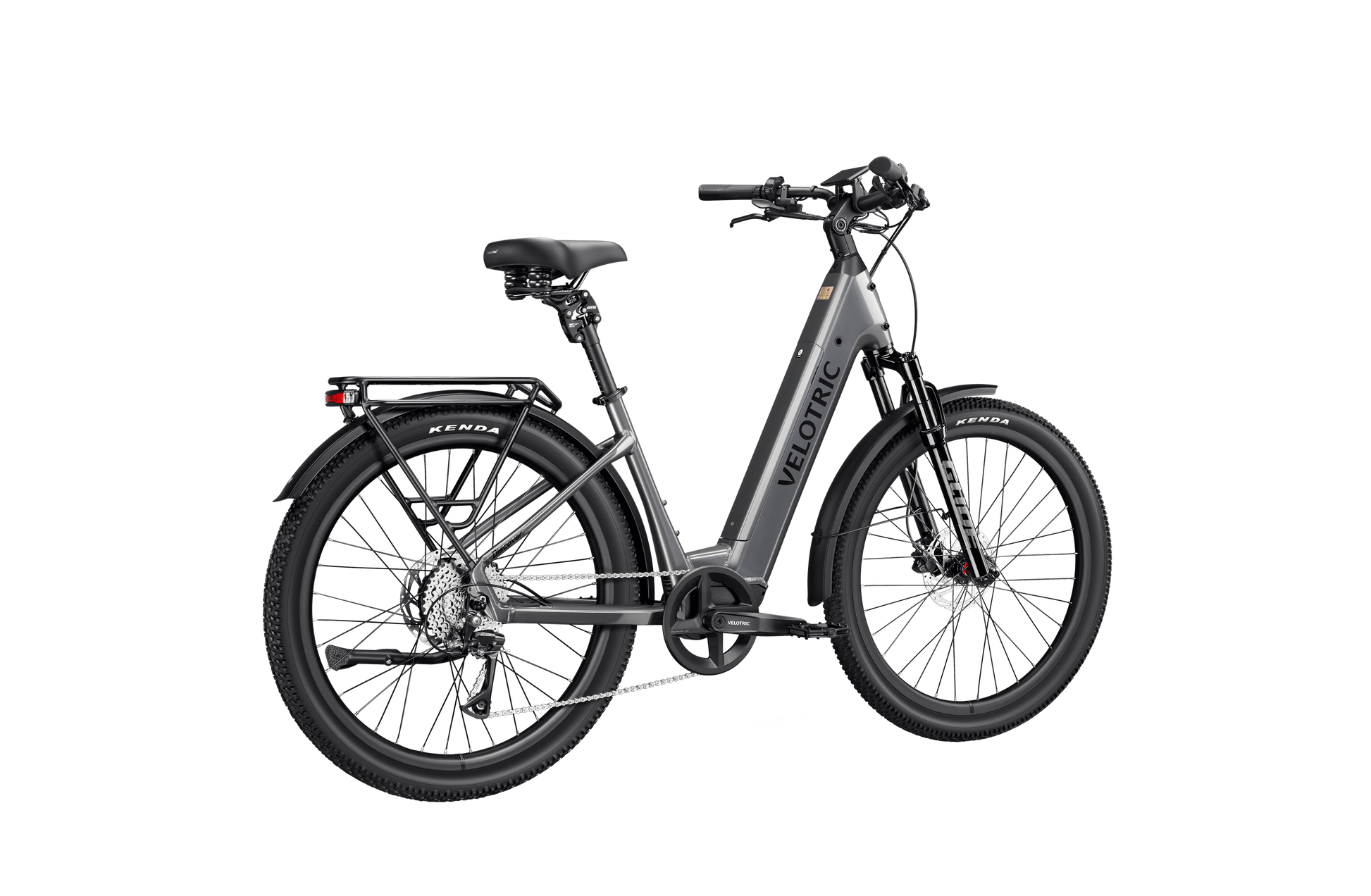 The Velotric Discover 3 commuter eBike by Velotric features front suspension, thick tires, and a rear cargo rack. With a stylish grey frame and white background, it’s perfect for navigating Tampa Bay.