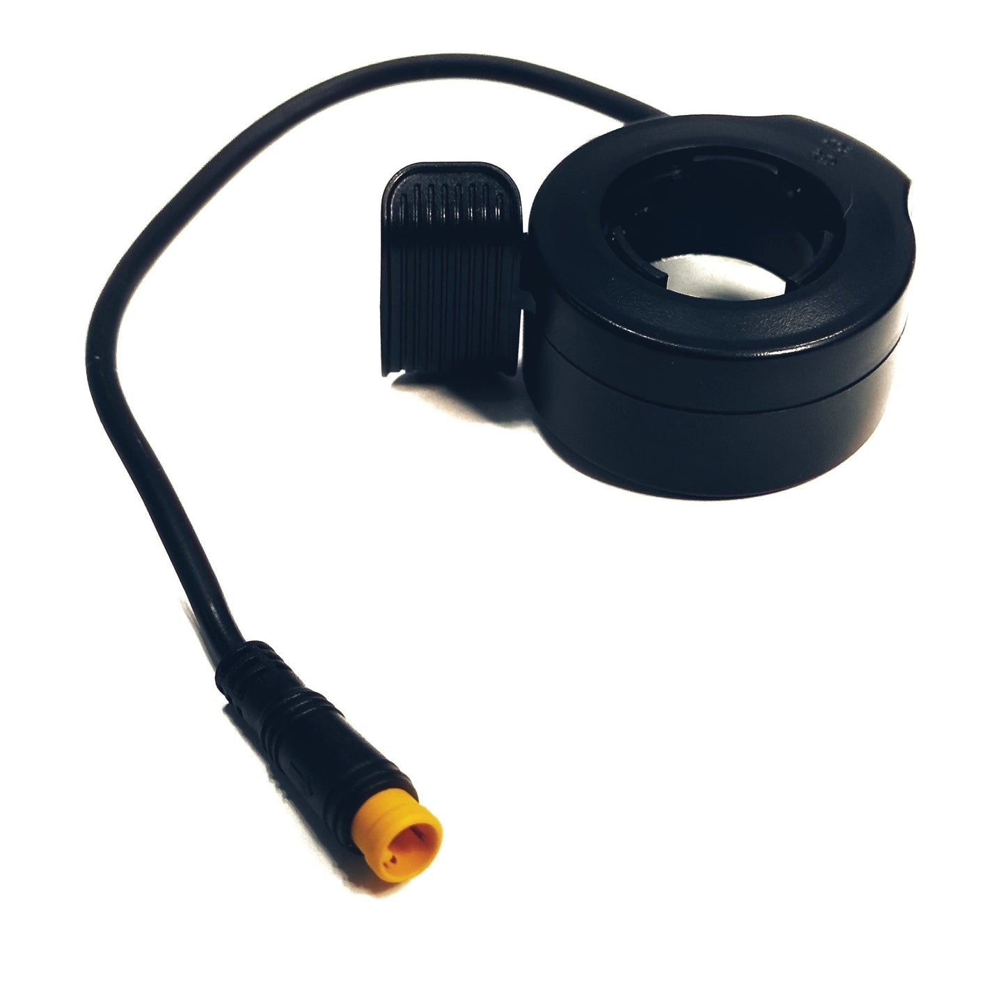 The ElectricAllWheel Thumb Throttle Conversion Kit (Lectric/AIPAS Fit) is a black electronic thumb throttle with ergonomic grips, a circular mount, and a 3-pin Julet connector on an extension throttle cable.