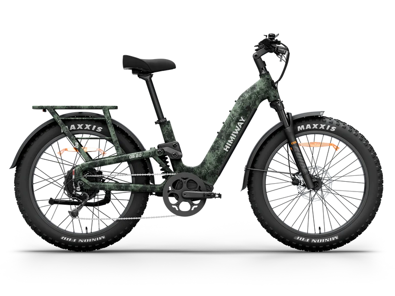 Side view of a green Himiway D5 2.0 electric bike with fat tires, adjustable front fork, front and rear fenders, and a MIK rear rack by Himiway against a white background.