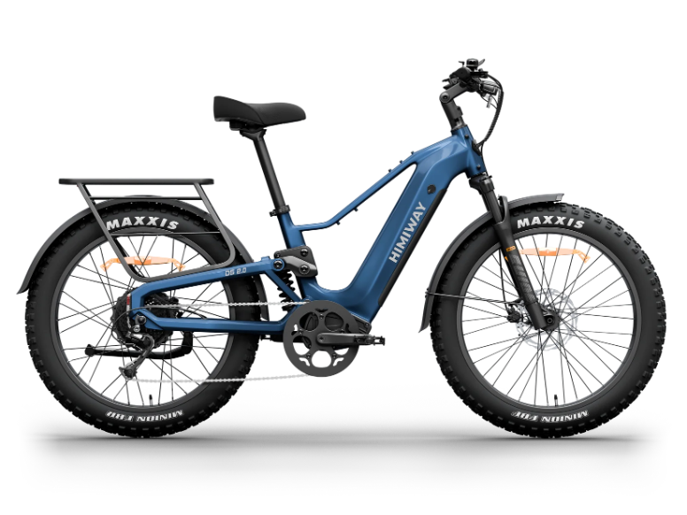 The Himiway D5 2.0 by Himiway is a blue electric bike featuring fat tires, a MIK rear rack, adjustable front fork suspension, and disc brakes, shown in side profile on a white background.