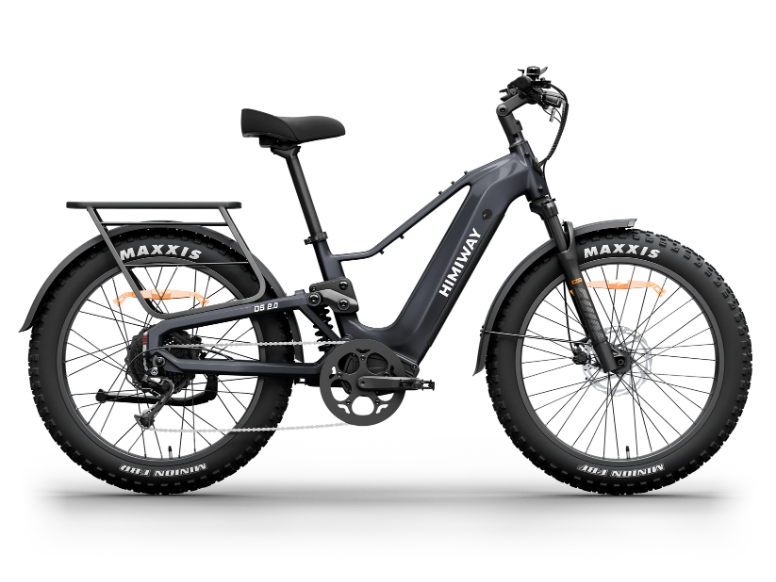 The Himiway D5 2.0 by Himiway is shown from the side against a white background, featuring a black step-through frame, fat tires, adjustable front fork, full-terrain suspension, and a MIK rear rack.