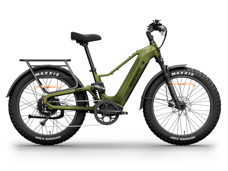 The Himiway D5 2.0 by Himiway is a green electric fat tire bike with full-terrain suspension, an MIK rear rack, and Maxxis tires, shown from the side against a white background.
