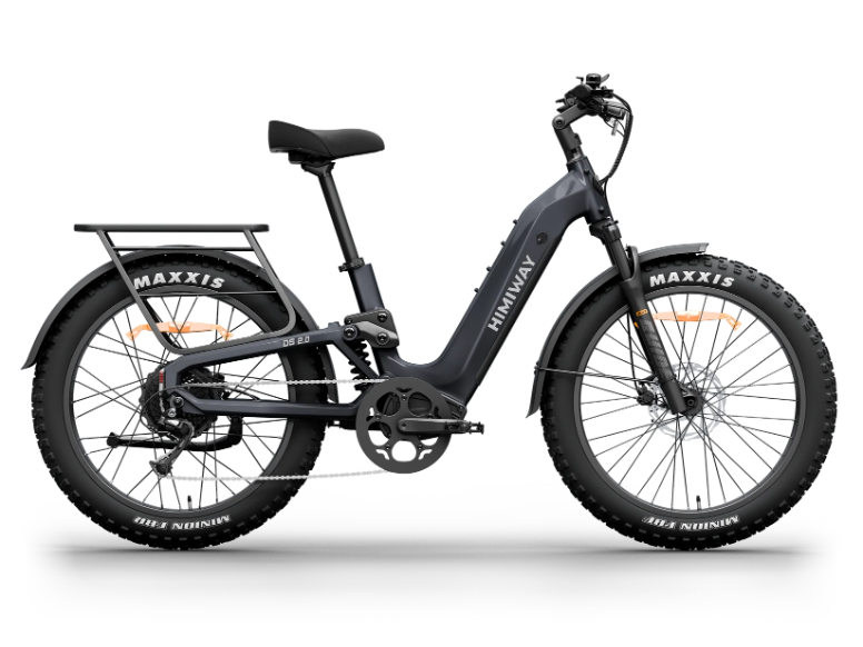 The Himiway D5 2.0 electric bike features fat tires, a step-through frame, MIK rear rack, adjustable front fork for all-terrain suspension, and "Himiway" branding on the frame, shown in a side view.