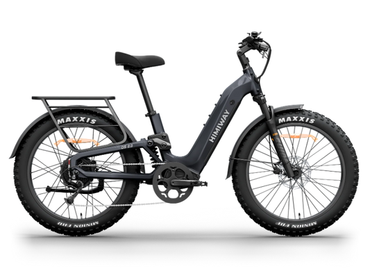 The Himiway D5 2.0 electric bike features fat tires, a step-through frame, MIK rear rack, adjustable front fork for all-terrain suspension, and "Himiway" branding on the frame, shown in a side view.