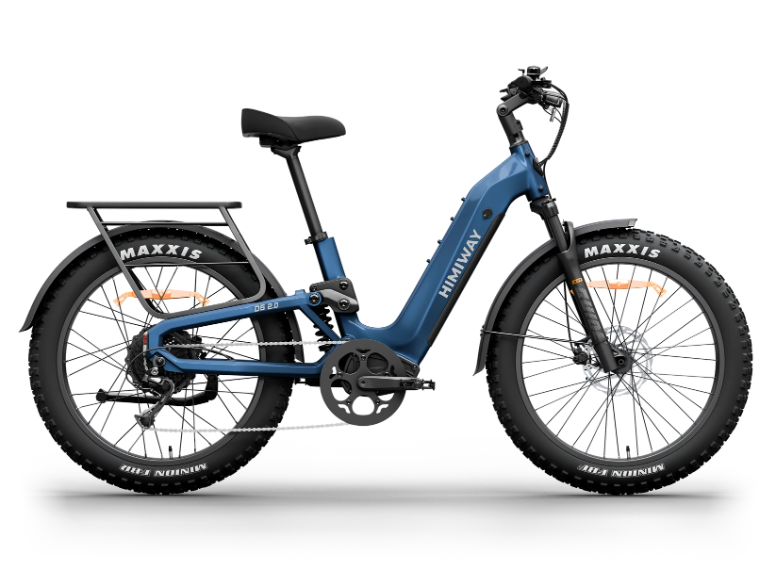The Himiway D5 2.0 electric bike in blue, featuring fat tires, a MIK rear rack, adjustable front fork, full-terrain suspension, and visible Himiway branding is shown from the side against a white background.