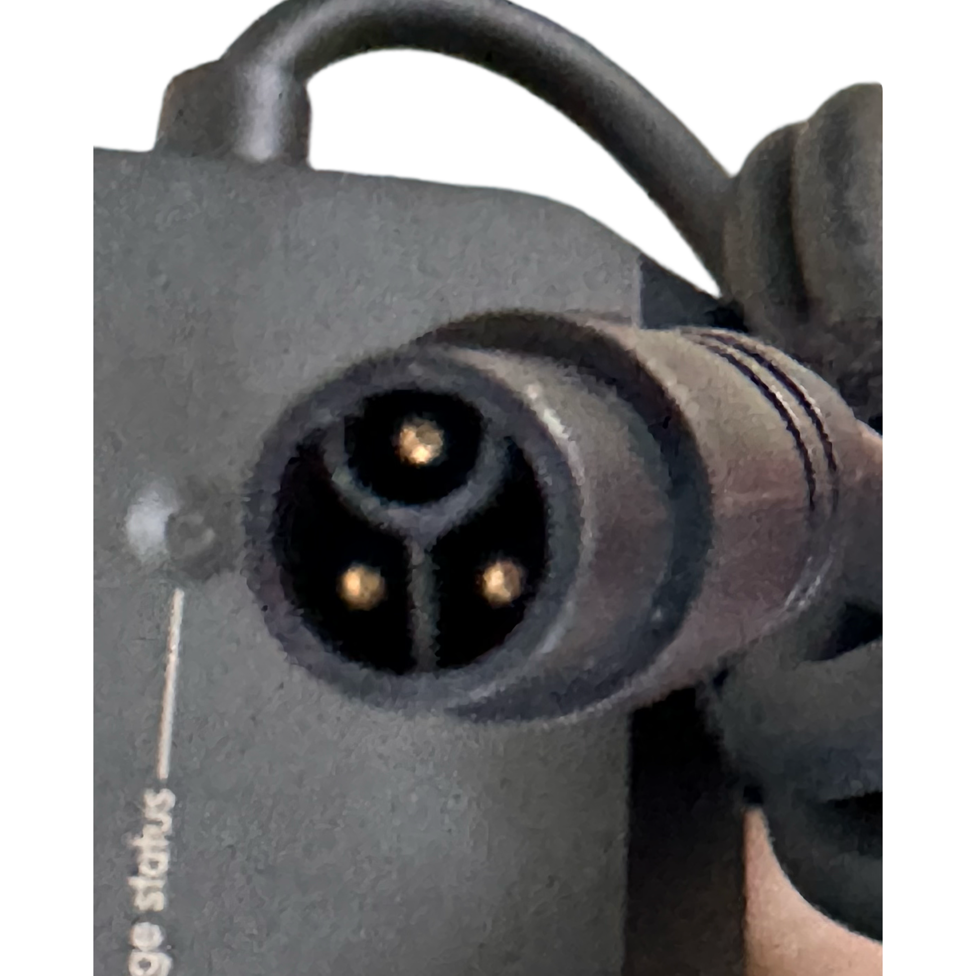 Close-up of a black, round three-pin electrical connector attached to a device with partially visible "age status" text, part of the ElectricAllWheel 52V E-Bike Battery Charger ST3 3A (Ariel Rider Fit).