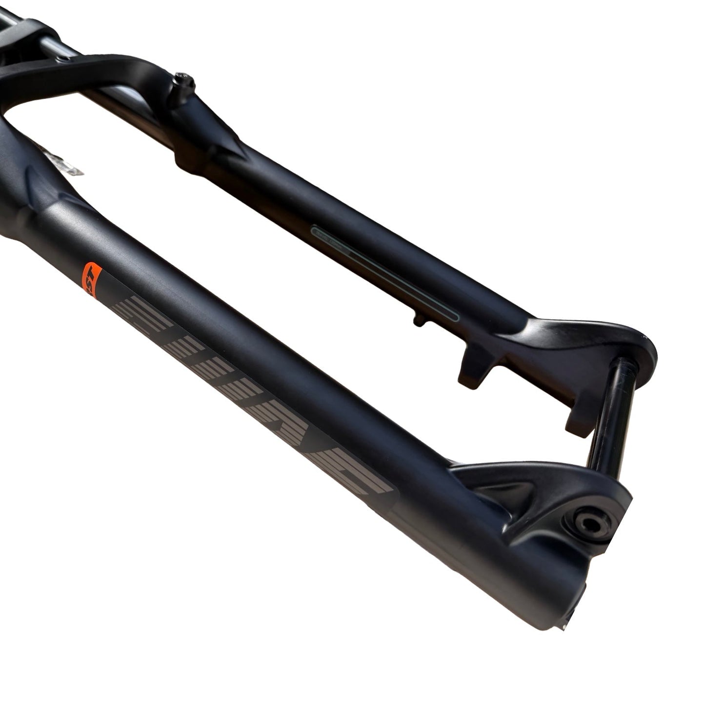 Close-up of the ElectricAllWheel RST Guide Dual Crown Fork (26” Fat Tire) with visible branding and thru-axle mount, paired with a motorcycle style LED headlight kit (12V, 2-pin Julet), ideal for fat tire e-bikes.