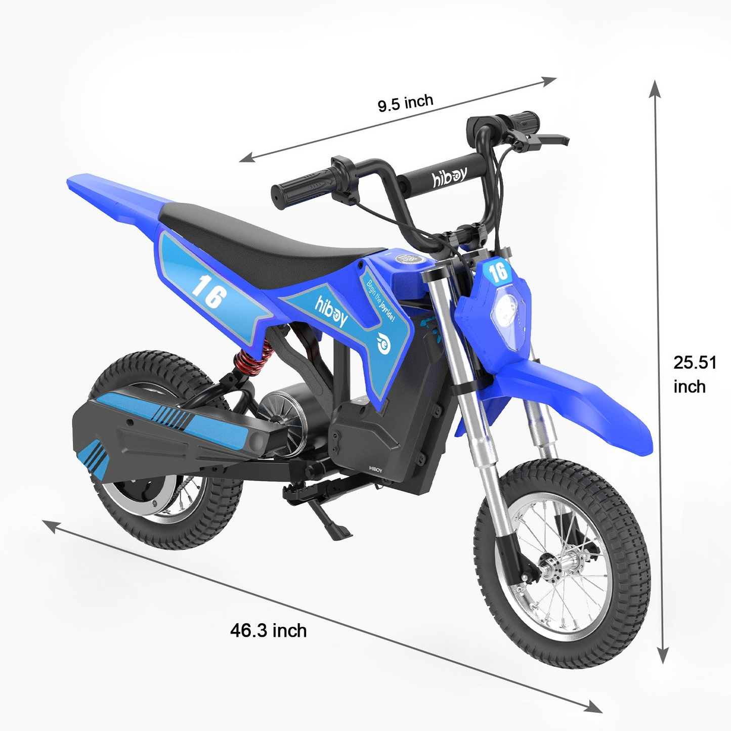 The Hiboy DK1 Electric Dirt Bike by Hiboy measures 46.3" long, 25.51" high, and 9.5" wide, features a bold number 16 decal, and comes with a comfortable black seat—perfect for kids’ off-road fun.