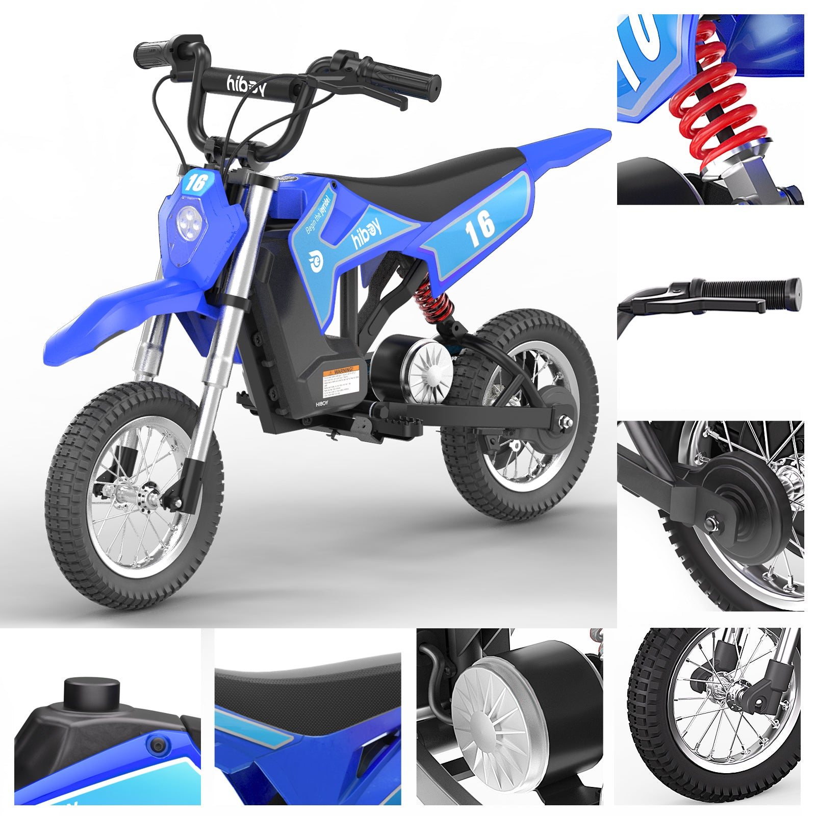 Collage of the Hiboy - DK1 Electric Dirt Bike by Hiboy, featuring the full kids off-road bike and close-ups of its handlebars, shock absorber, rear wheel, seat, pedal, and other components.