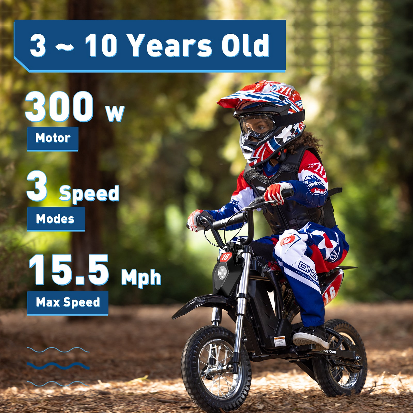 A child in motocross gear rides the Hiboy DK1 Electric Dirt Bike by Hiboy through woods. On-screen text highlights its motor power, speed modes, max speed, and recommended age range for this kids’ off-road bike.