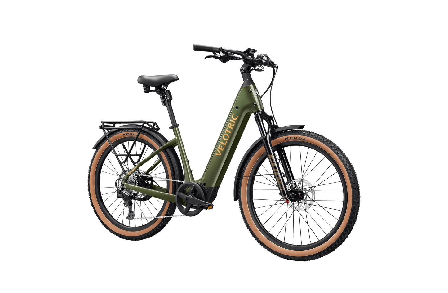 A Velotric Discover M comfort commuter eBike by Velotric in green with tan tires, black seat, rear cargo rack, and front suspension is displayed against a white background.