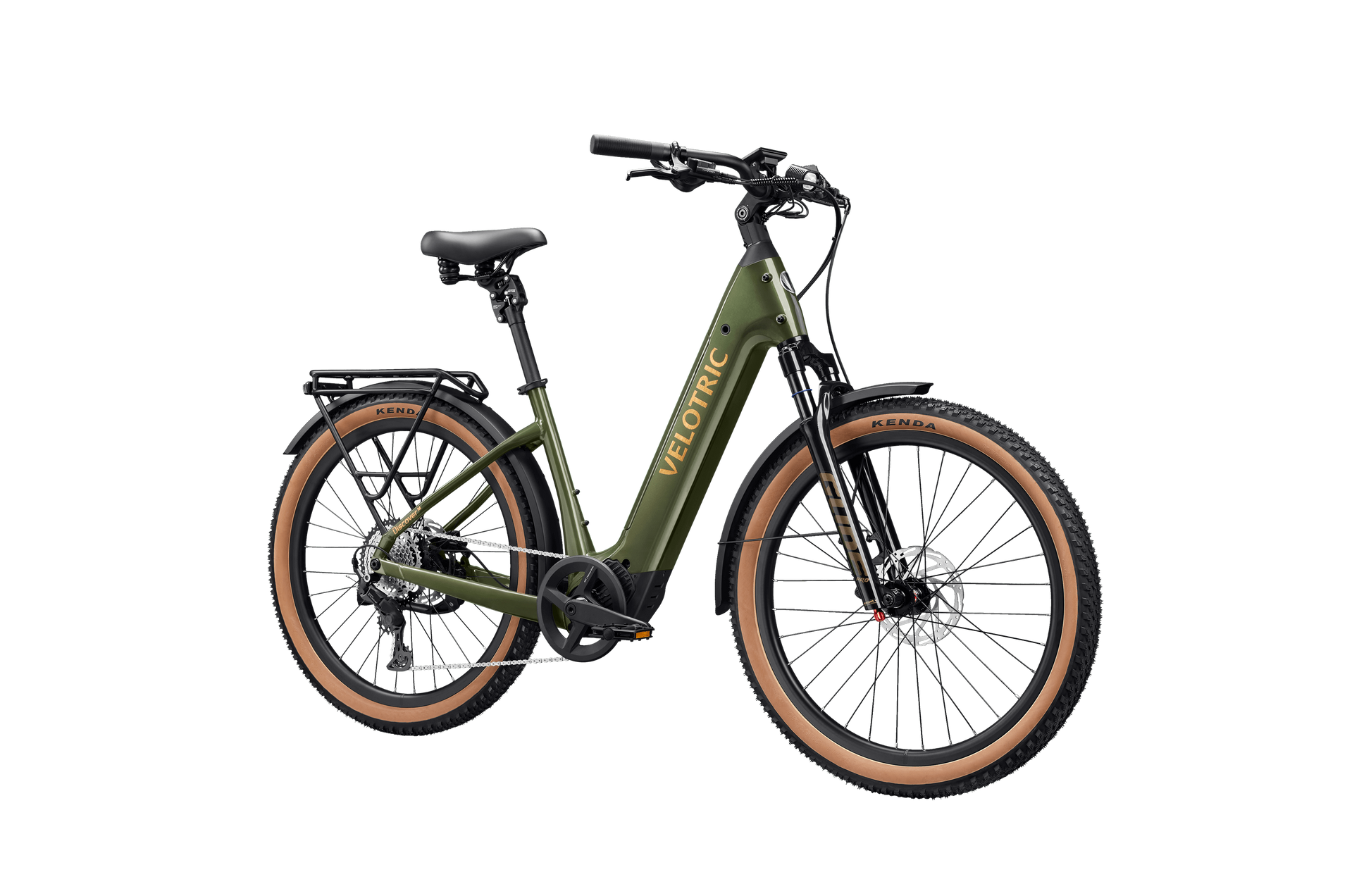 A Velotric Discover M comfort commuter eBike by Velotric in green with tan tires, black seat, rear cargo rack, and front suspension is displayed against a white background.