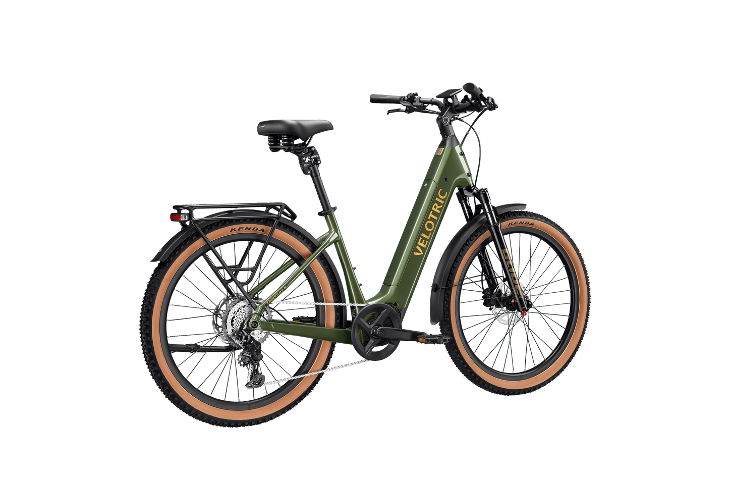 A Velotric Discover M step-through commuter eBike by Velotric, featuring green color, front suspension, brown tires, black fenders, rear rack, and upright handlebars is displayed on a white background.