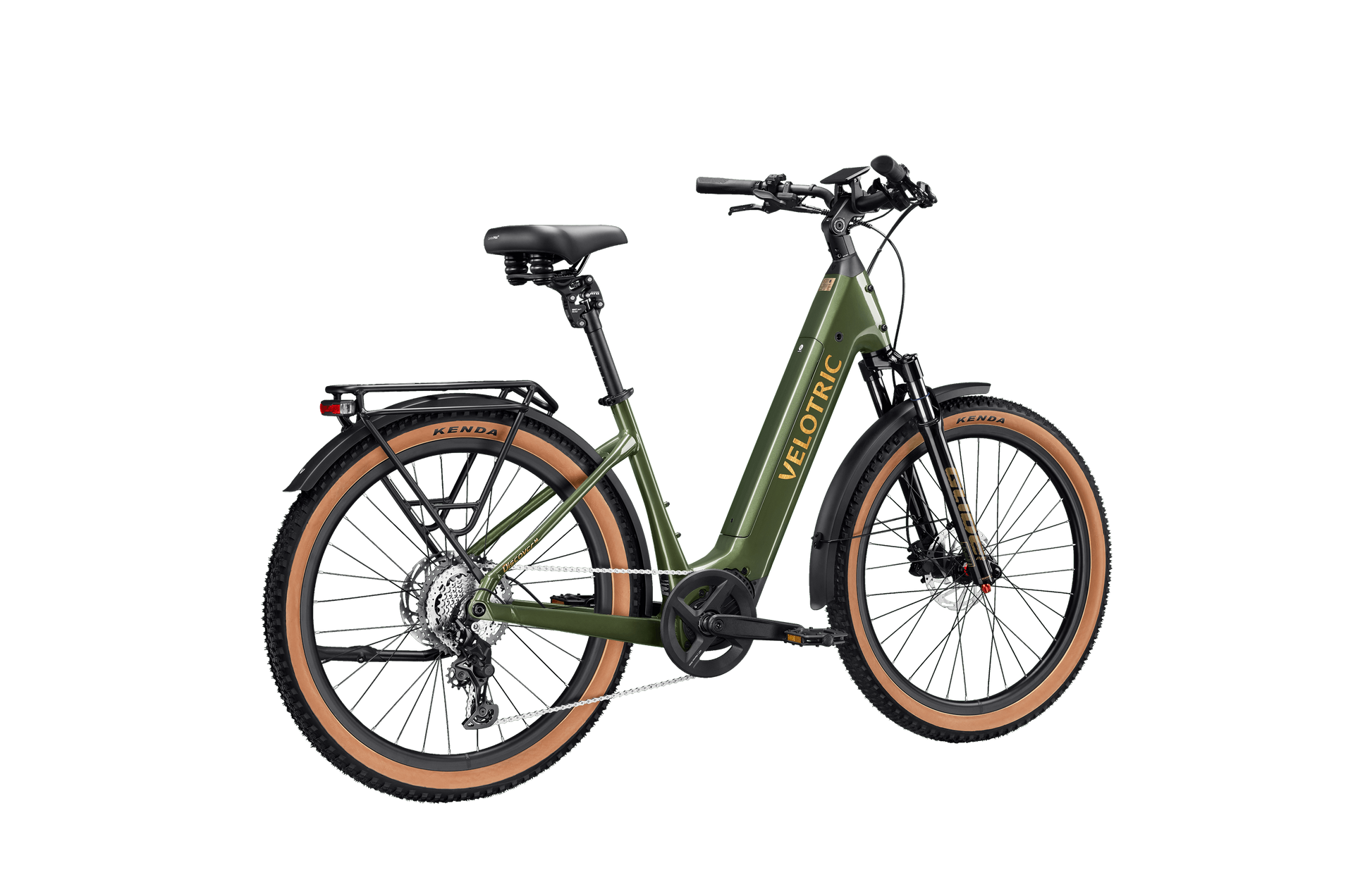 A Velotric Discover M step-through commuter eBike by Velotric, featuring green color, front suspension, brown tires, black fenders, rear rack, and upright handlebars is displayed on a white background.